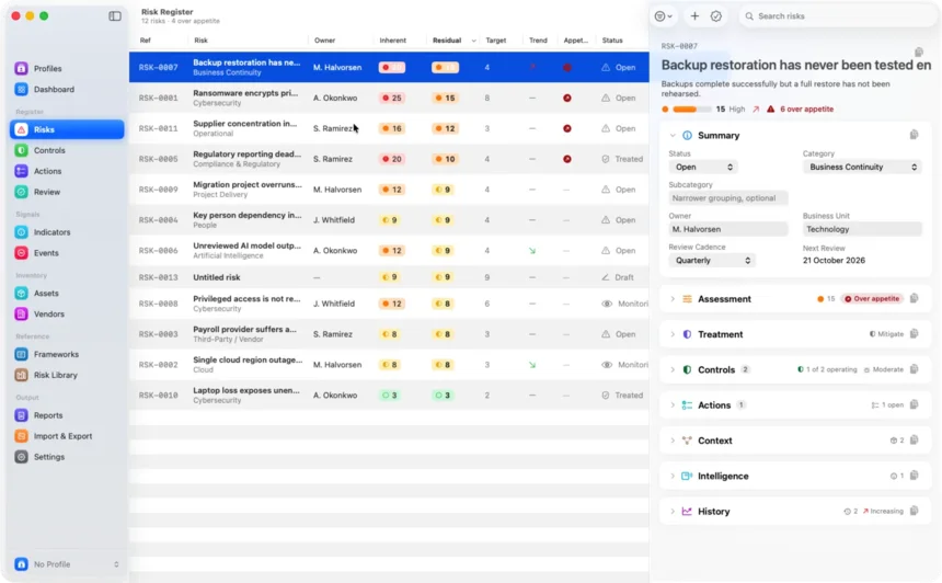 The register and the risk, side by side in RiskOS on macOS